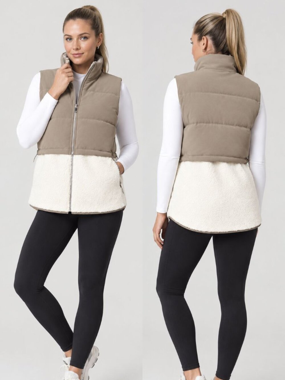 SPANX Convertible VEST Size M 2 In 1 Velour Fleece Puffer High Collar Beige NEW